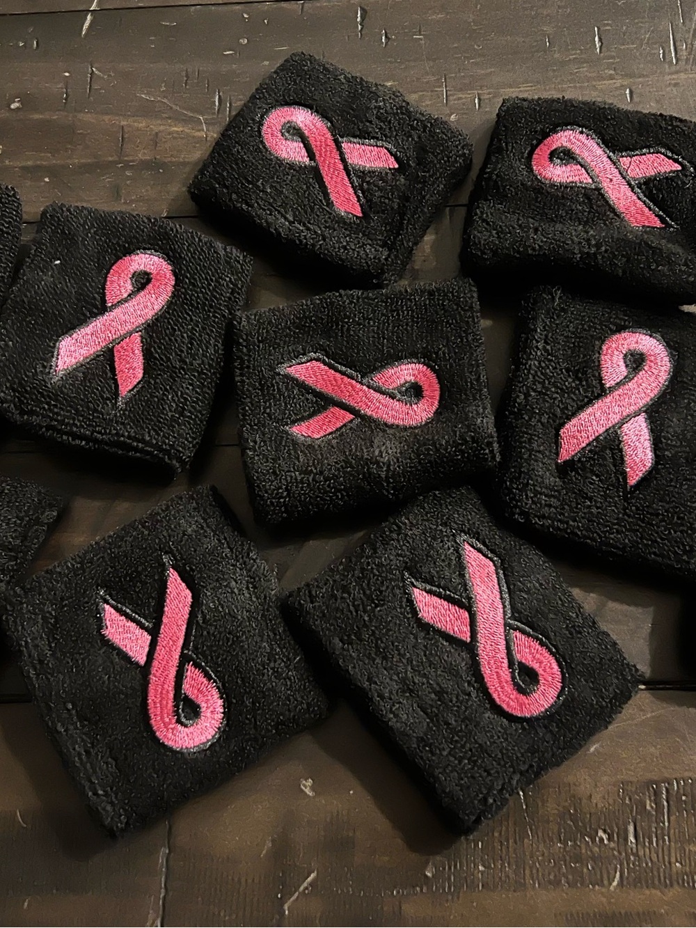 Pink Ribbon Embroidered Black Wrist Sweatbands - Women Accessories Pack of 10